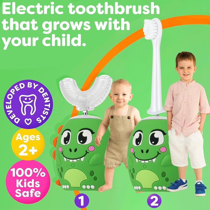Trueocity Kids U Shape Toothbrush Auto Electric Toddler Rechargeable Kids Automatic Toothbrush | 360° U-Shaped Silicone Brush Head | Gentle Cleaning for Ages 2–7 | Dinosaur Design (Green) - Image 4